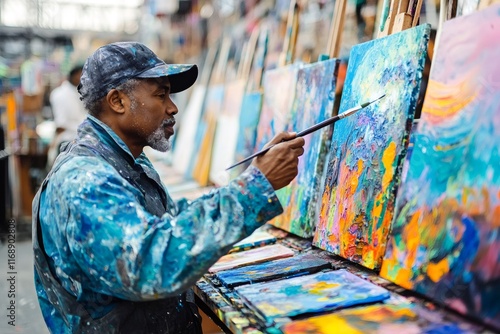 Senior painter adding final touches to vibrant artwork in outdoor studio photo