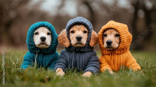 Three charming puppies in knitted sweaters sit together on the grass, showcasing a blend of style and cuteness, making a heartwarming image of companionship and joy. photo