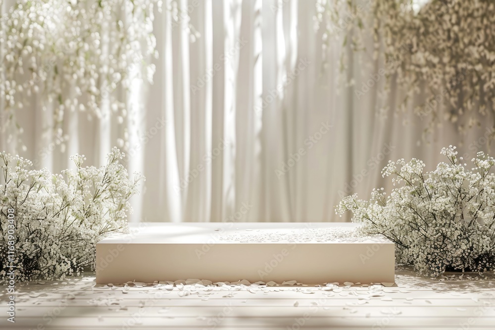 Square podium with white flowers in front of white curtains background Square podium with white flowers in front of white curtains background