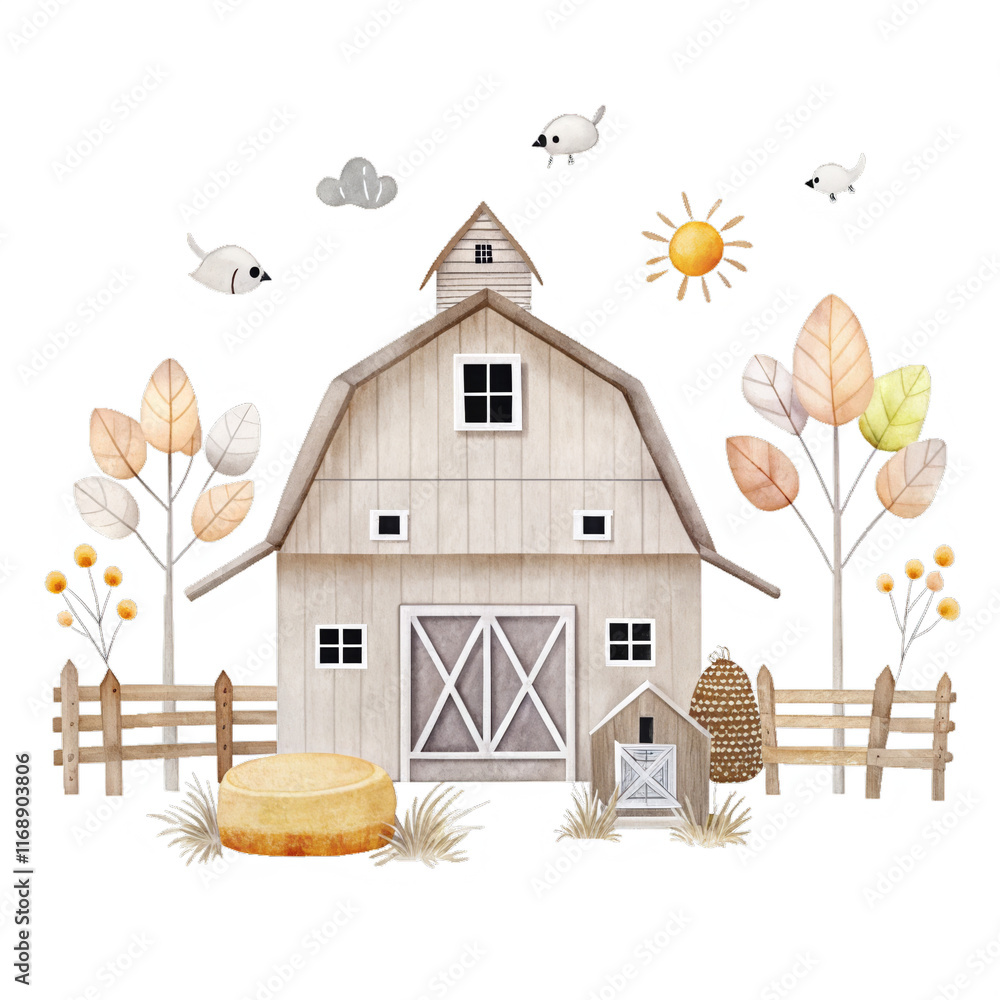 Farm barn watercolor isolated clipart kids clothes, pattern and textile