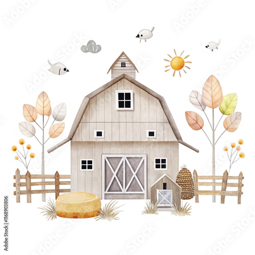Obraz na płótnie Farm barn watercolor isolated clipart kids clothes, pattern and textile w salonie
