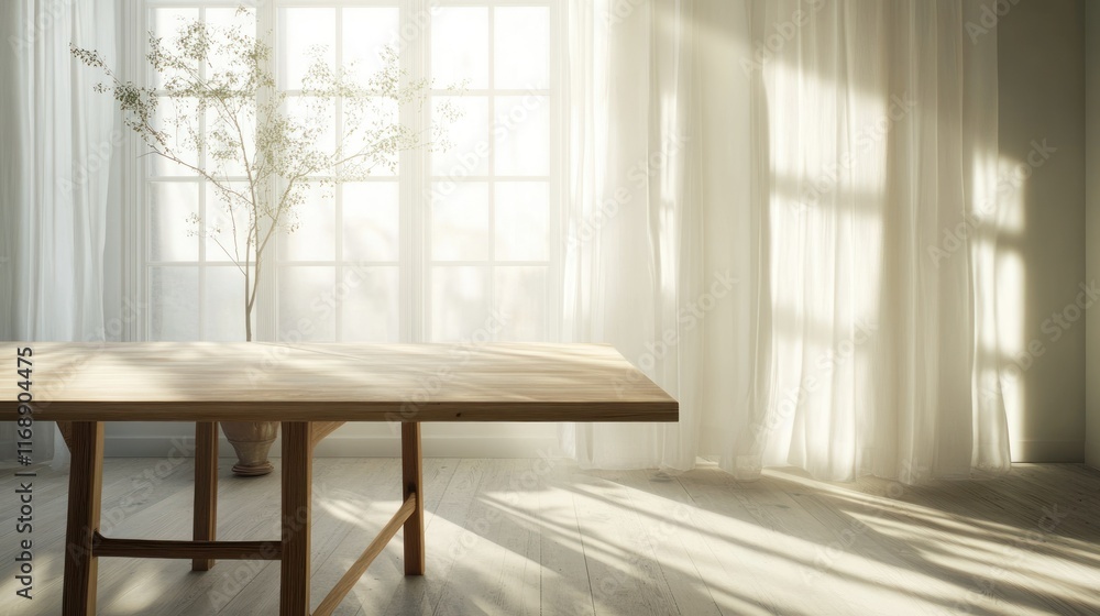 Fototapeta premium Bright, serene interior with a table and plant.
