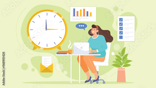 A clean and efficient design emphasizing effective time management techniques, with clocks, task lists, and productivity tools.