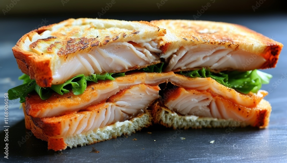 Delicious Fish Sandwich with Fresh Greens on Toasted Bread Slices Delicious Fish Sandwich with Fresh Greens on Toasted Bread Slices