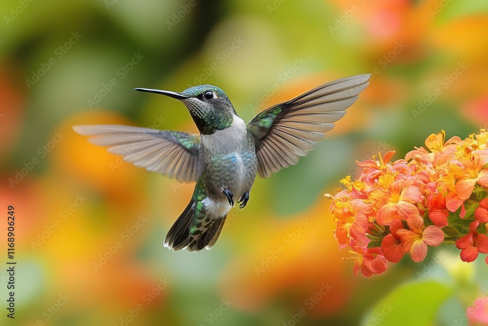 Fototapeta premium a hummingbird flits gracefully among vibrant flowers and lush foliage its iridescent feathers catching the light creating a stunning visual celebration of natures beauty and dynamism