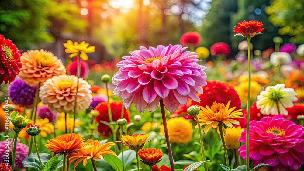 Colorful spring flowers dominate this vibrant garden; rule of thirds composition creates captivating images.