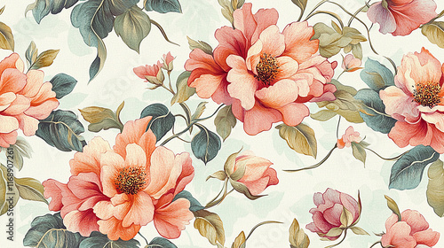 Seamless peach floral pattern with hand drawn blossoms on cream background