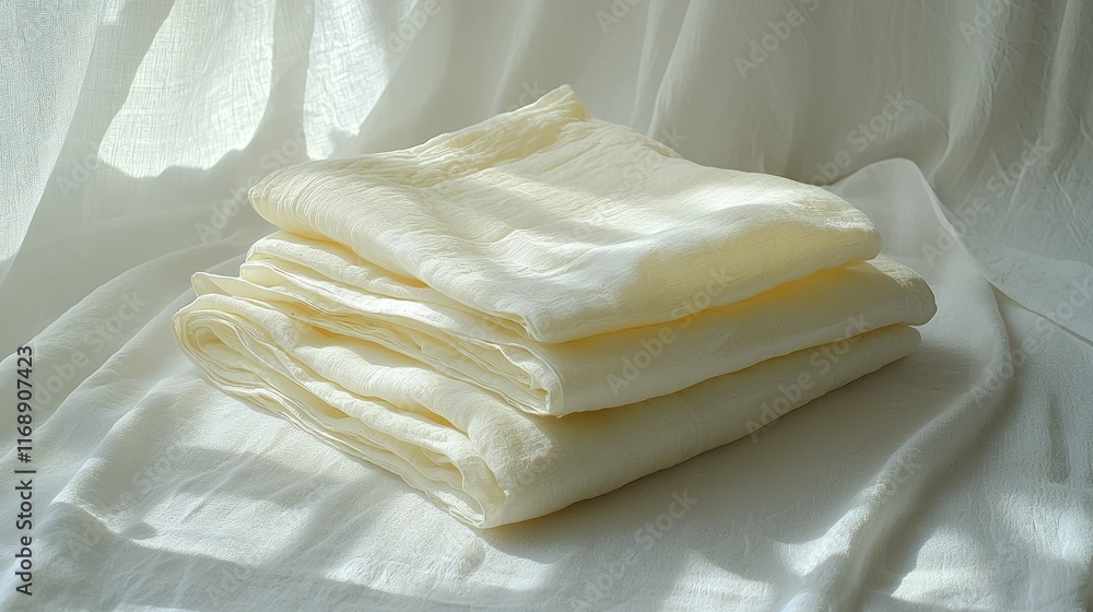 Folded cream fabric on white draped backdrop by window. Folded cream fabric on white draped backdrop by window.