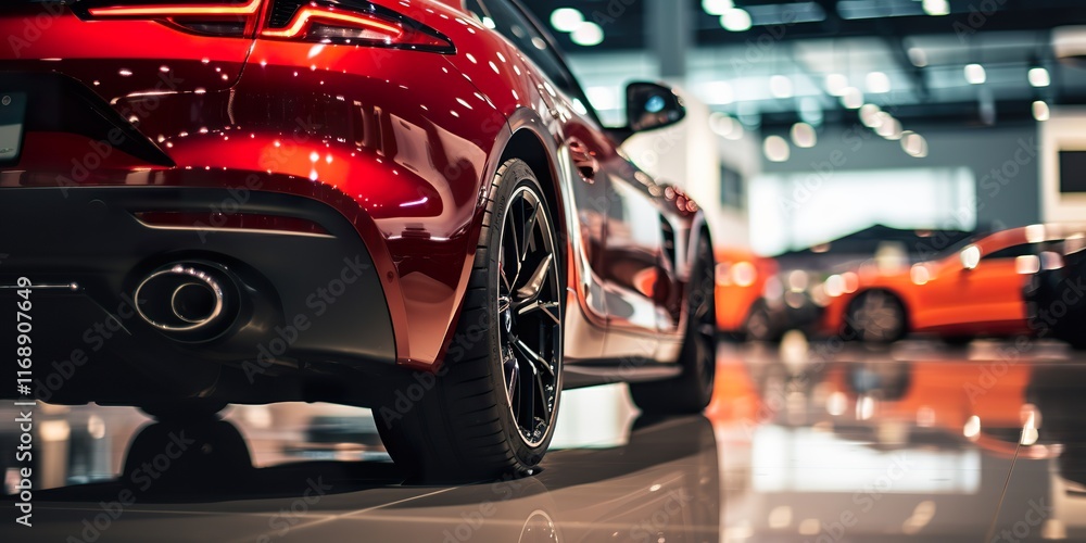 Fototapeta premium Close-up of rearview car parked in a luxury showroom. Car dealership office. New vehicle parked in a modern showroom. Car for sale and rent business concept. Automobile leasing and insurance concept.
