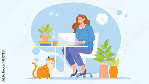 A cozy and relatable illustration of remote work, featuring a laptop, a cat, and a comfortable workspace design.