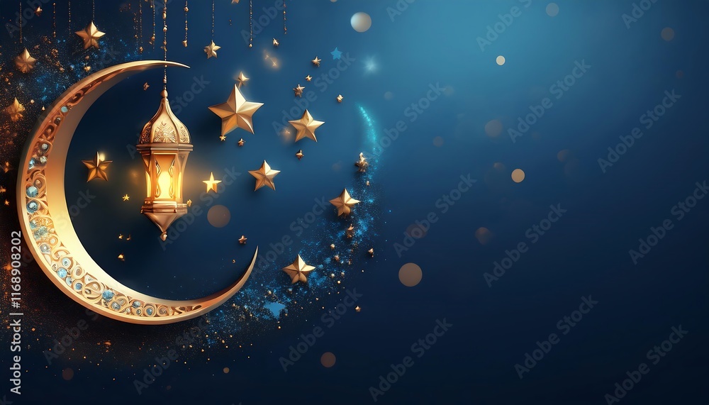 Naklejka premium Elegant Ramadan Kareem Islamic Backgrounds with Lanterns, Crescent Moons, Mosques, and Ornate Gold Patterns - Perfect for Holy Month Festivities, Spiritual Designs, and Stock Photography