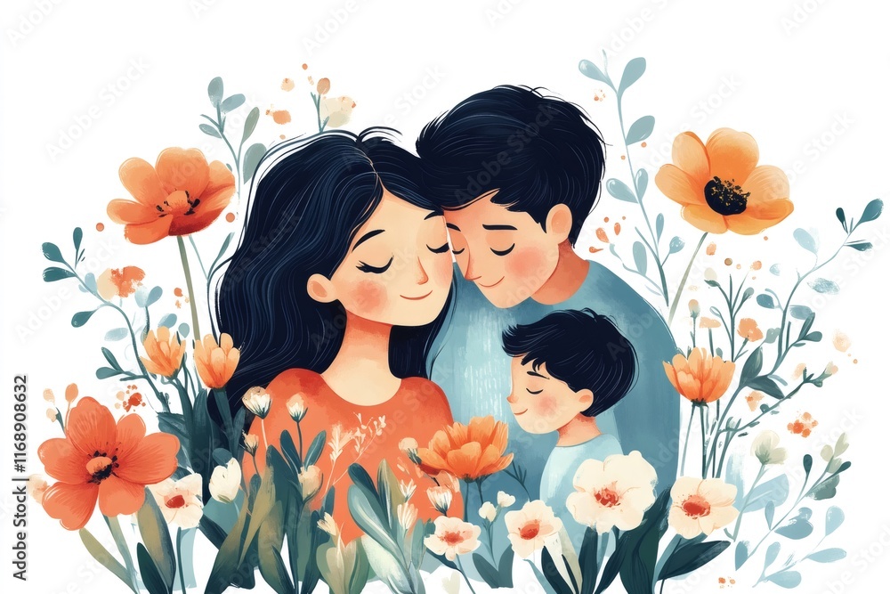 Happy family embracing with closed eyes and flowers around Happy family embracing with closed eyes and flowers around