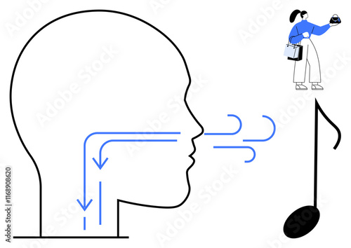 Human head silhouette with airflow arrows indicating breathing pathways. Music note and person holding device in upper right. Ideal for health, music, air, technology, education, anatomy, wellness