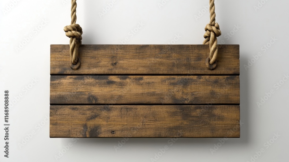 Rustic Wooden Sign Hanging with Twisted Rope on a Neutral Background Rustic Wooden Sign Hanging with Twisted Rope on a Neutral Background