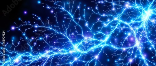 Abstract Bioluminescent Neural Network Art - Blue & White Lines on Black Background