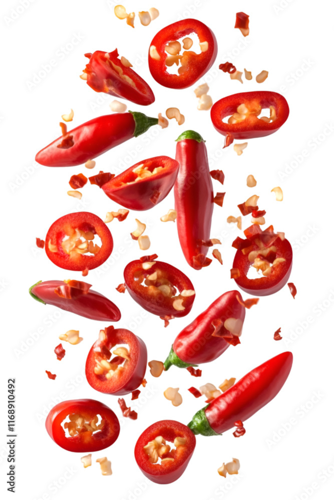 Falling sliced red hot chili peppers isolated on whit Falling sliced red hot chili peppers isolated on whit