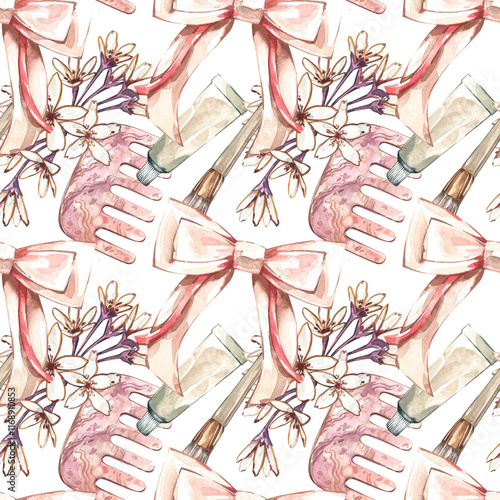 A seamless pattern with a beauty theme, featuring beautiful bows, hairpins and makeup brushes. Watercolor hand drawn illustration. Fashion sketch. Art for design, beauty, advertising. Stylish graphic