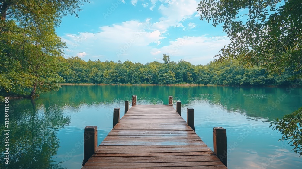 Naklejka premium A serene wooden pier stretches into a tranquil lake, surrounded by lush greenery and a clear blue sky, inviting peace and reflection.