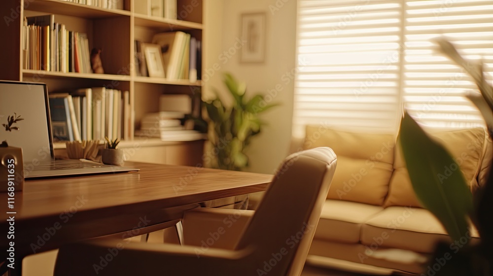 A minimalist home office with a wooden desk, a laptop, a bookshelf, a couch, and plants. A minimalist home office with a wooden desk, a laptop, a bookshelf, a couch, and plants.