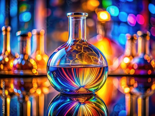 Detailed macro shots of Erlenmeyer and round-bottom flasks; a retro chemistry still life. photo