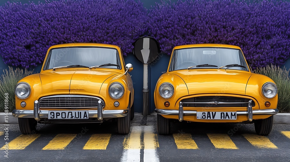Two Yellow Classic Cars Parked Near Lavender Bushes Two Yellow Classic Cars Parked Near Lavender Bushes