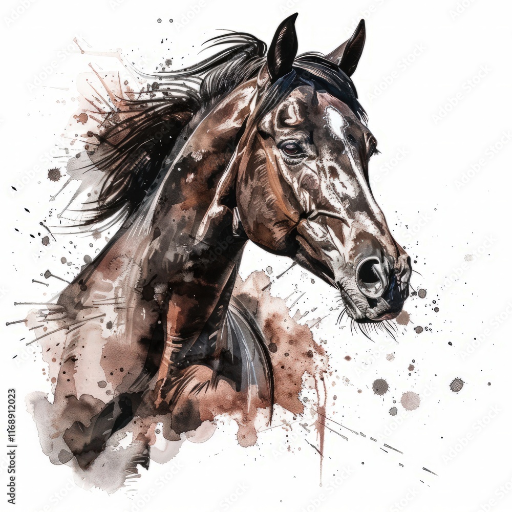 Obraz premium Watercolor portrait of a horse with paint splashes on a white background.