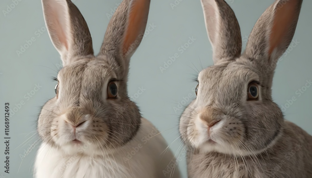 Obraz premium A rabbit, side by side, beautiful detailed eyes, beautiful detailed lips, extremely detailed face and features, long eyelashes, elegant pose, natural lighting