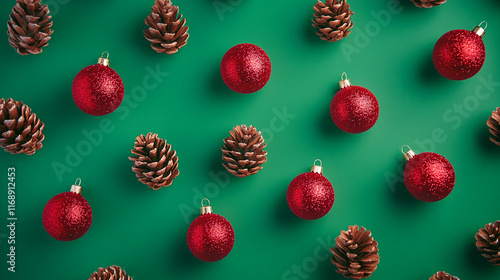 Festive Christmas composition with red glittery ornaments and pinecones on a green background photo