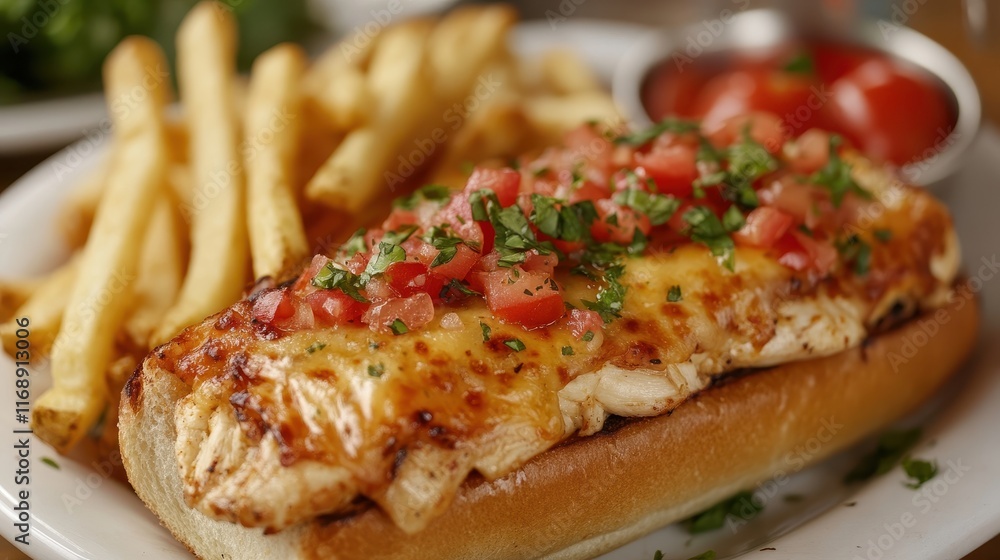 Grilled chicken sandwich topped with cheese, pico de gallo, and served with fries. Perfect for restaurant menus, showcasing delicious comfort food. Grilled chicken sandwich topped with cheese, pico de gallo, and served with fries. Perfect for restaurant menus, showcasing delicious comfort food.