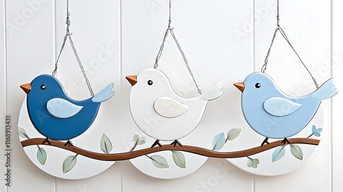 Wooden Bird Wall Decor  Hanging Birds  Blue   White Birds  Nursery Decor  Kids Room Decor photo