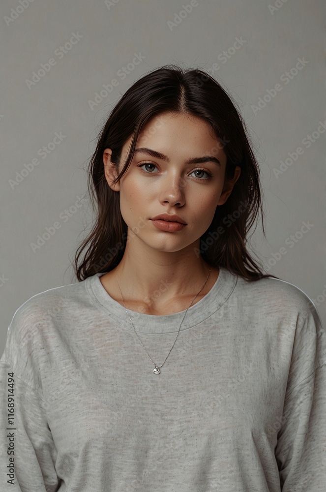 Fototapeta premium Portrait of a Serene Woman: A captivating portrait of a young woman with long dark hair, showcasing her natural beauty and serene expression.