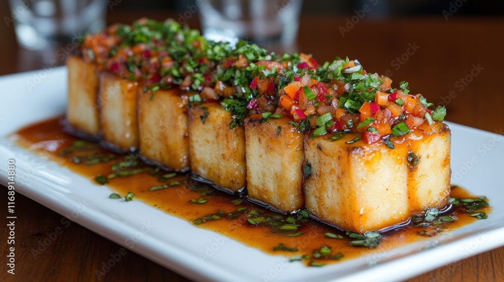 Fried tofu cubes with salsa and sauce on restaurant table. Fried tofu cubes with salsa and sauce on restaurant table.