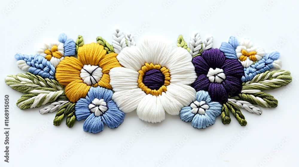 Obraz premium Embroidered Floral Bouquet White Purple Yellow Flowers
