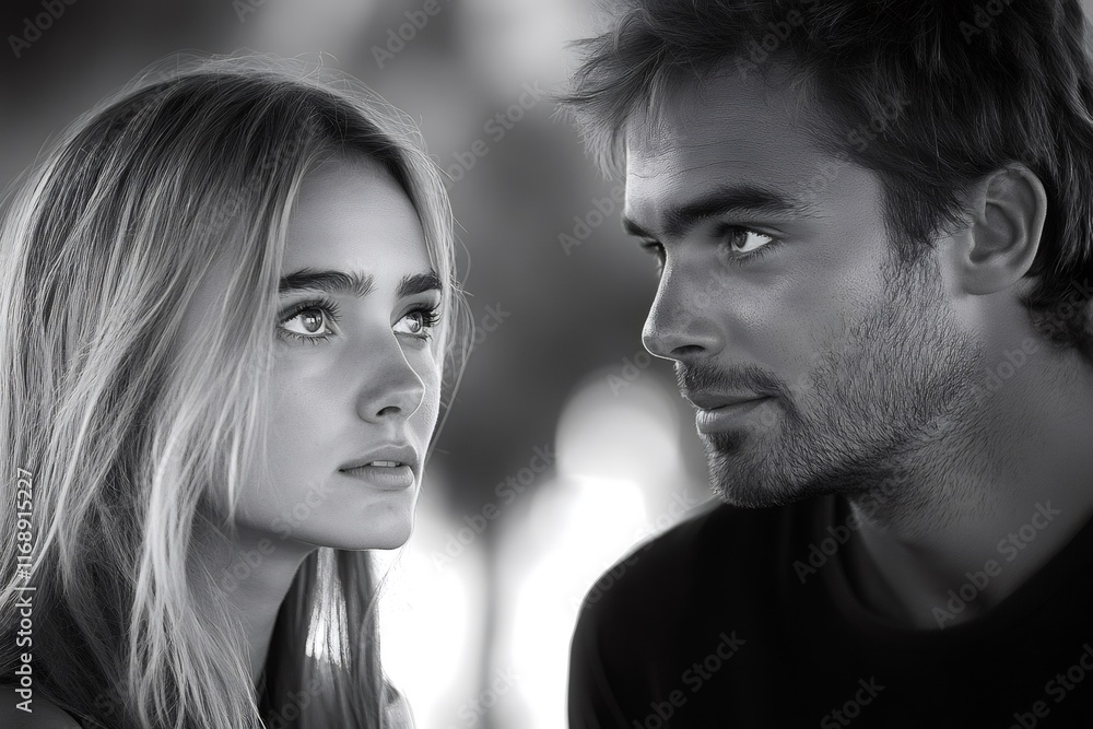 Young couple gazing lovingly at each other in black and white Young couple gazing lovingly at each other in black and white