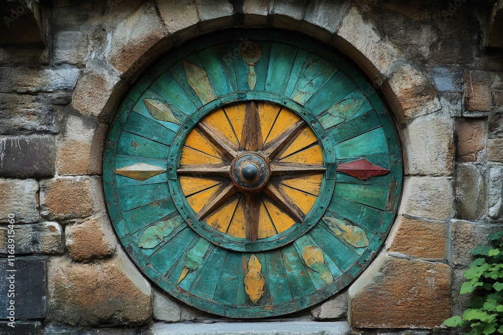 Colorful wooden wheel embedded in an old stone wall Colorful wooden wheel embedded in an old stone wall