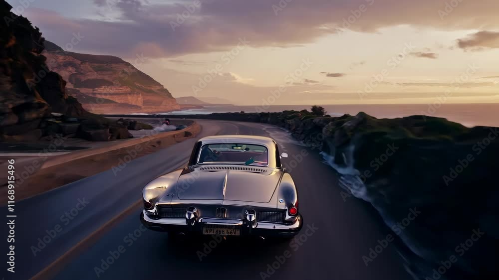 A classic car drives along a scenic coastal road with cliffs and the ocean at sunset A classic car drives along a scenic coastal road with cliffs and the ocean at sunset
