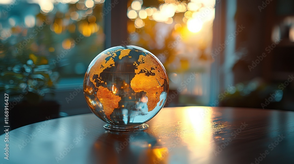 Glass globe on table at sunset, indoor home setting. Glass globe on table at sunset, indoor home setting.