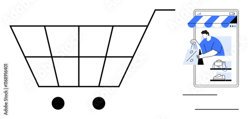 Shopping cart with two wheels paired with a smartphone displaying a man with shopping bags, representing digital and traditional retail shopping experiences. Ideal for e-commerce, online shopping