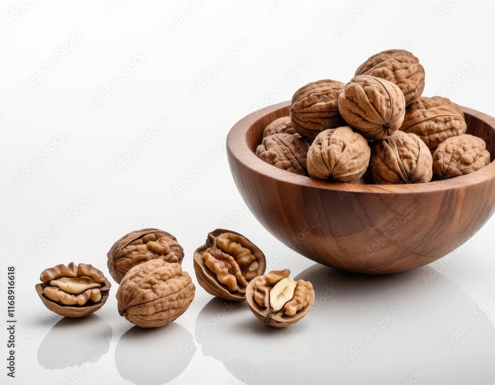 A close-up of a wooden ladle filled with walnuts on a white background. A close-up of a wooden ladle filled with walnuts on a white background.