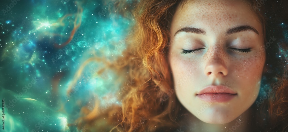 Dreamy cosmic portrait of serene woman with freckled face and flowing red hair against vibrant galaxy background, copy space for text Dreamy cosmic portrait of serene woman with freckled face and flowing red hair against vibrant galaxy background, copy space for text