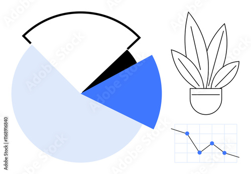 Pie chart cut into three sections with vivid colors, line graph with descending trend, and stylized potted plant. Ideal for presentations, reports, business analysis, growth tracking, ecological