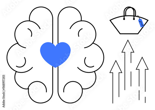 Brain with a heart symbol in the center, upward arrows indicating growth or progress, and a shopping bag with blue price tag. Ideal for mental health, personal development, positivity, love