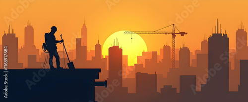 Silhouetted worker against a fiery sunset cityscape, a construction crane looms, symbolizing urban development and tireless effort.  A breathtaking view.