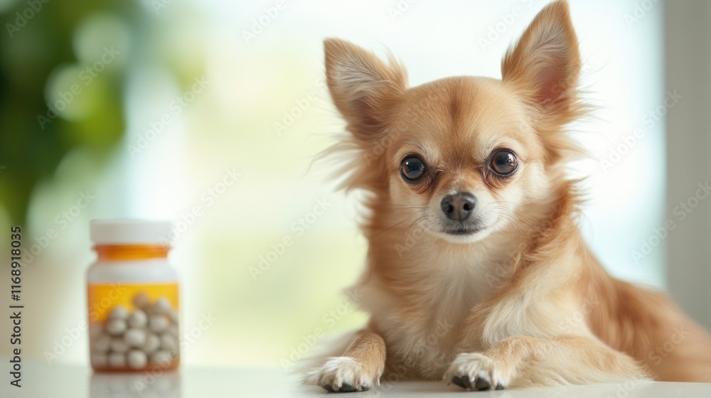 A cute Chihuahua lies beside a bottle of pills, showcasing a cozy indoor setting. A cute Chihuahua lies beside a bottle of pills, showcasing a cozy indoor setting.