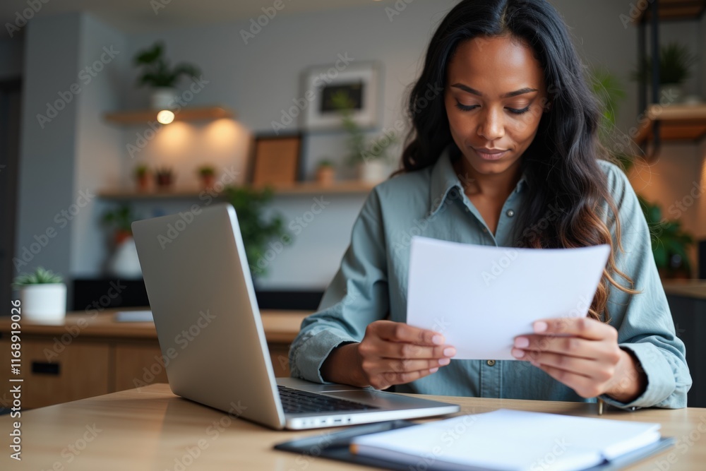 Focused Woman Working from Home Office with Laptop and Paper Documents, Ideal for Remote Work and Productivity Concepts Focused Woman Working from Home Office with Laptop and Paper Documents, Ideal for Remote Work and Productivity Concepts
