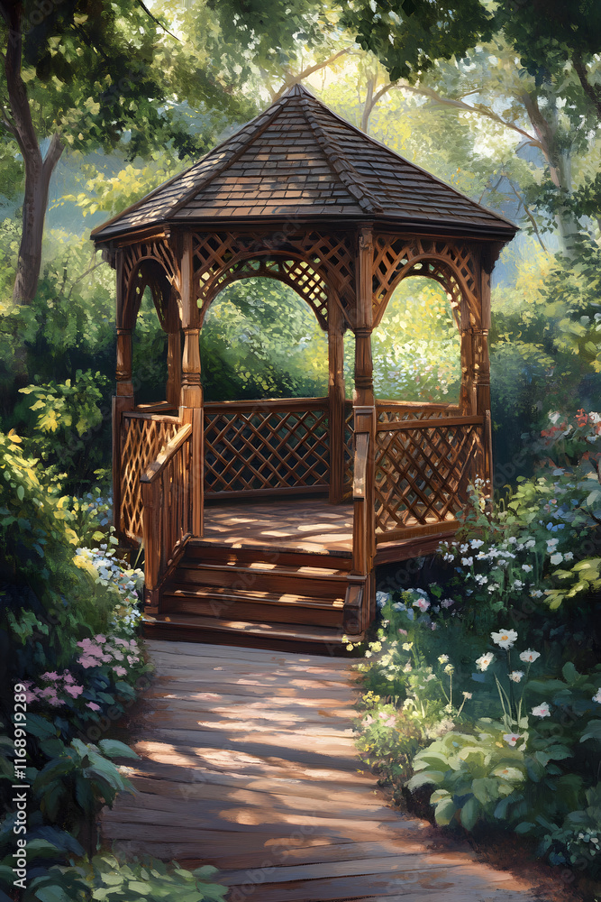 Naklejka premium Tranquil Garden Gazebo: A Retreat Amidst Nature's Embrace for Peaceful Reflection and Intimate Gatherings