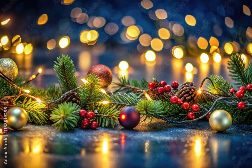 Festive garland and sparkling Christmas lights create a panoramic winter wonderland against a dark blue, bokeh-filled background. Festive garland and sparkling Christmas lights create a panoramic winter wonderland against a dark blue, bokeh-filled background.