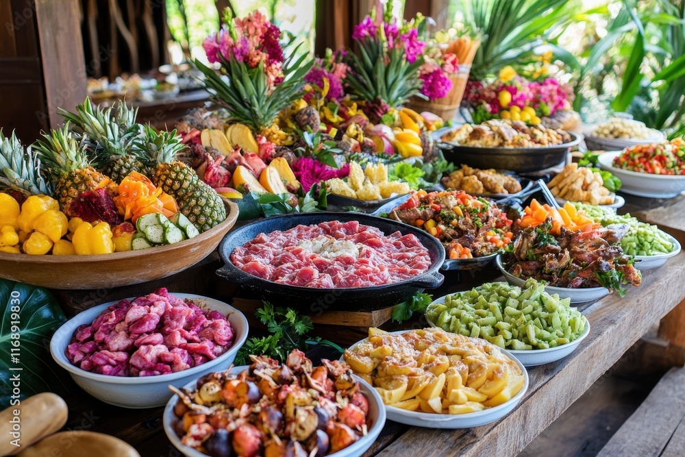 Vibrant buffet table with diverse dishes, tropical fruits & flowers. Shows abundance of food, perfect for articles on healthy eating, travel, or events. Vibrant buffet table with diverse dishes, tropical fruits & flowers. Shows abundance of food, perfect for articles on healthy eating, travel, or events.