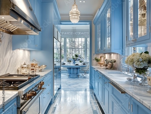 Elegant Blue Kitchen with Marble Countertops and Dining Area photo