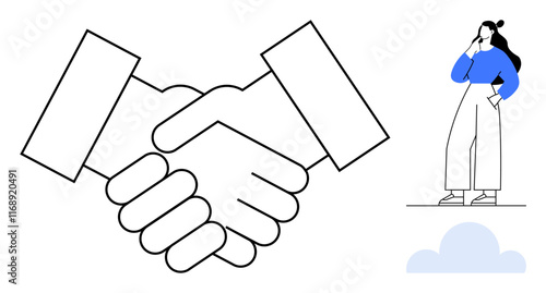 Two hands shaking symbolizing partnership alongside a thoughtful woman in blue sweater with cloud. Ideal for business deals, teamwork, support, strategy, negotiation, collaboration, and planning